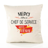Housse de Coussin Premium Merci Chef de Service Génial - Coton Canvas Fairtrade Beige Idée Cadeau Décoration Canapé