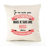 Housse de Coussin Premium Boss Superwomen - Coton Canvas Fairtrade Beige Idée Cadeau Décoration Canapé