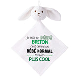 Doudou Bébé Lapin Humour Bretons Gaze de Coton Cadeau Baby Shower