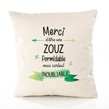 Housse de Coussin Premium Merci Zouz Inoubliable Femme - Coton Canvas Fairtrade Beige Idée Cadeau Décoration Canapé