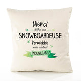 Housse de Coussin Premium Merci Snowboardeuse Inoubliable Femme - Coton Canvas Fairtrade Beige Idée Cadeau Décoration Canapé