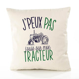 Housse de Coussin Premium Tracteur Version Blanc - Coton Canvas Fairtrade Beige Idée Cadeau Décoration Canapé