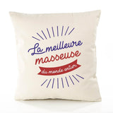 Housse de Coussin Premium Masseuse Meilleure Monde - Coton Canvas Fairtrade Beige Idée Cadeau Décoration Canapé