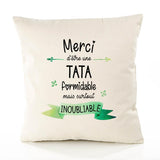 Housse de Coussin Premium Merci Tata Inoubliable Femme - Coton Canvas Fairtrade Beige Idée Cadeau Décoration Canapé