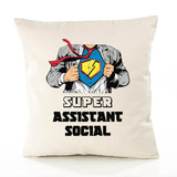 Housse de Coussin Premium Super Assistant Social - Coton Canvas Fairtrade Beige Idée Cadeau Décoration Canapé