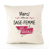 Housse de Coussin Premium Merci Sage-Femme Géniale - Coton Canvas Fairtrade Beige Idée Cadeau Décoration Canapé