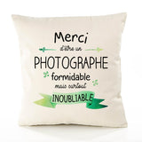 Housse de Coussin Premium Merci Photographe Inoubliable - Coton Canvas Fairtrade Beige Idée Cadeau Décoration Canapé
