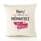 Housse de Coussin Premium Merci Préparatrice Géniale - Coton Canvas Fairtrade Beige Idée Cadeau Décoration Canapé