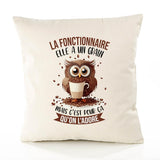 Housse de Coussin Premium La Fonctionnaire Chouette Grain - Coton Canvas Fairtrade Beige Idée Cadeau Décoration Canapé 40x40