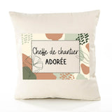 Housse de Coussin Femme Cheffe de Chantier Adorée Design Graphique déco Salon canapé Chambre Cadeau Femme Anniversaire noël Coussin décoratif Motif Floral