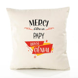 Housse de Coussin Premium Merci Papy Génial - Coton Canvas Fairtrade Beige Idée Cadeau Décoration Canapé