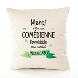 Housse de Coussin Premium Merci Comédienne Inoubliable Femme - Coton Canvas Fairtrade Beige Idée Cadeau Décoration Canapé
