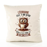 Housse de Coussin Premium L'Écrivaine Chouette Grain - Coton Canvas Fairtrade Beige Idée Cadeau Décoration Canapé 40x40
