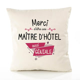 Housse de Coussin Premium Merci Maître d'hôtel Géniale - Coton Canvas Fairtrade Beige Idée Cadeau Décoration Canapé