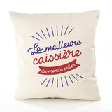 Housse de Coussin Premium caissière Meilleure Monde - Coton Canvas Fairtrade Beige Idée Cadeau Décoration Canapé