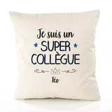 Housse de Coussin Premium Téo Un Super Collègue - Coton Canvas Fairtrade Beige Idée Cadeau Décoration Canapé