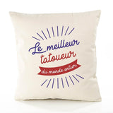 Housse de Coussin Premium tatoueur Meilleur Monde - Coton Canvas Fairtrade Beige Idée Cadeau Décoration Canapé