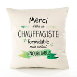 Housse de Coussin Premium Merci Chauffagiste Inoubliable - Coton Canvas Fairtrade Beige Idée Cadeau Décoration Canapé