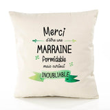 Housse de Coussin Premium Merci Marraine Inoubliable Femme - Coton Canvas Fairtrade Beige Idée Cadeau Décoration Canapé
