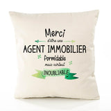 Housse de Coussin Premium Merci Agent Immobilier Inoubliable Femme - Coton Canvas Fairtrade Beige Idée Cadeau Décoration Canapé