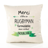 Housse de Coussin Premium Merci Rugbyman Inoubliable - Coton Canvas Fairtrade Beige Idée Cadeau Décoration Canapé