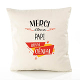 Housse de Coussin Premium Merci Papi Génial - Coton Canvas Fairtrade Beige Idée Cadeau Décoration Canapé