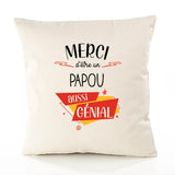Housse de Coussin Premium Merci Papou Génial - Coton Canvas Fairtrade Beige Idée Cadeau Décoration Canapé