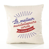 Housse de Coussin Premium manutentionnaire cariste Meilleur Monde - Coton Canvas Fairtrade Beige Idée Cadeau Décoration Canapé