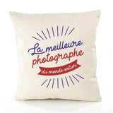 Housse de Coussin Premium Photographe Meilleure Monde - Coton Canvas Fairtrade Beige Idée Cadeau Décoration Canapé