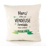 Housse de Coussin Premium Merci Vendeuse Inoubliable Femme - Coton Canvas Fairtrade Beige Idée Cadeau Décoration Canapé