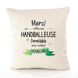 Housse de Coussin Premium Merci Handballeuse Inoubliable Femme - Coton Canvas Fairtrade Beige Idée Cadeau Décoration Canapé