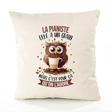 Housse de Coussin Premium La Pianiste Chouette Grain - Coton Canvas Fairtrade Beige Idée Cadeau Décoration Canapé 40x40