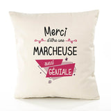 Housse de Coussin Premium Merci Marcheuse Géniale - Coton Canvas Fairtrade Beige Idée Cadeau Décoration Canapé