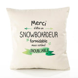 Housse de Coussin Premium Merci Snowboardeur Inoubliable - Coton Canvas Fairtrade Beige Idée Cadeau Décoration Canapé