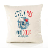 Housse de Coussin Premium Couple Robot Mignon Coeur déjà Pris Version Blanc - Coton Canvas Fairtrade Beige Idée Cadeau Décoration Canapé