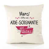 Housse de Coussin Premium Merci Aide-Soignante Géniale - Coton Canvas Fairtrade Beige Idée Cadeau Décoration Canapé