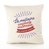 Housse de Coussin Premium Assistante Maternelle Meilleure Monde - Coton Canvas Fairtrade Beige Idée Cadeau Décoration Canapé