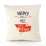 Housse de Coussin Premium Merci Mec Génial - Coton Canvas Fairtrade Beige Idée Cadeau Décoration Canapé