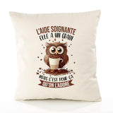 Housse de Coussin Premium L'Aide Soignante Chouette Grain - Coton Canvas Fairtrade Beige Idée Cadeau Décoration Canapé 40x40