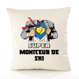 Housse de Coussin Premium Super Moniteur DE Ski - Coton Canvas Fairtrade Beige Idée Cadeau Décoration Canapé