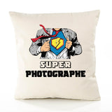 Housse de Coussin Premium Super Photographe - Coton Canvas Fairtrade Beige Idée Cadeau Décoration Canapé