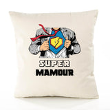 Housse de Coussin Premium Super MAMOUR - Coton Canvas Fairtrade Beige Idée Cadeau Décoration Canapé