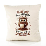 Housse de Coussin Premium La Factrice Chouette Grain - Coton Canvas Fairtrade Beige Idée Cadeau Décoration Canapé 40x40