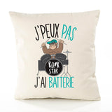 Housse de Coussin Premium Batterie Musique Version Blanc - Coton Canvas Fairtrade Beige Idée Cadeau Décoration Canapé