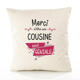 Housse de Coussin Premium Merci Cousine Géniale - Coton Canvas Fairtrade Beige Idée Cadeau Décoration Canapé