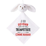 Doudou Bébé Lapin Je Veux Devenir Trompettiste comme Maman Gaze de Coton Cadeau Baby Shower