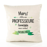 Housse de Coussin Premium Merci Professeure Inoubliable Femme - Coton Canvas Fairtrade Beige Idée Cadeau Décoration Canapé