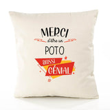 Housse de Coussin Premium Merci Poto Génial - Coton Canvas Fairtrade Beige Idée Cadeau Décoration Canapé