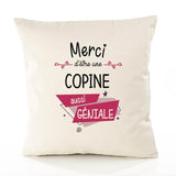 Housse de Coussin Premium Merci Copine Géniale - Coton Canvas Fairtrade Beige Idée Cadeau Décoration Canapé