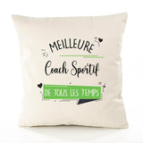 Housse de Coussin Premium Coach Sportif Meilleure Temps Femme - Coton Canvas Fairtrade Beige Idée Cadeau Décoration Canapé